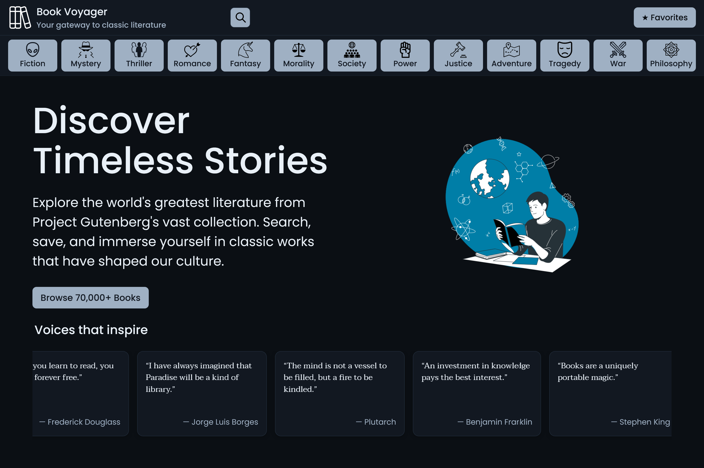 screenshot of the book voyager app showing the landing page with search and categories options